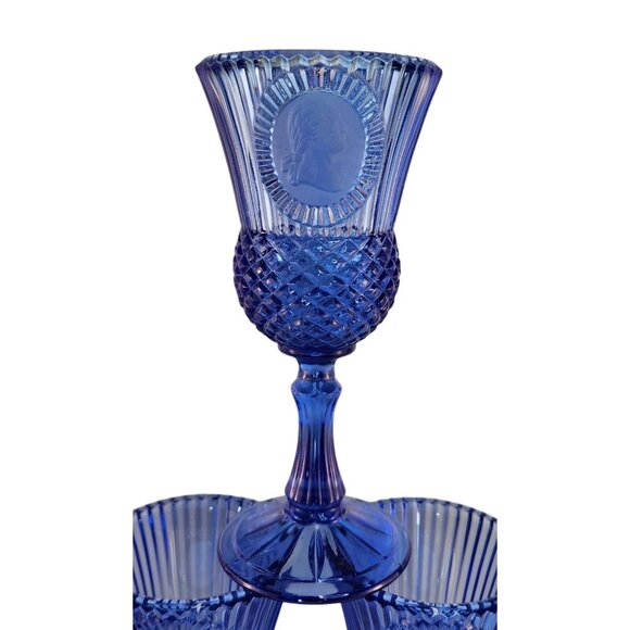 Vtg 1976 Avon Fostoria Cobalt Blue George Martha Washington 4 Glass Wine Goblets - Picture 3 of 11